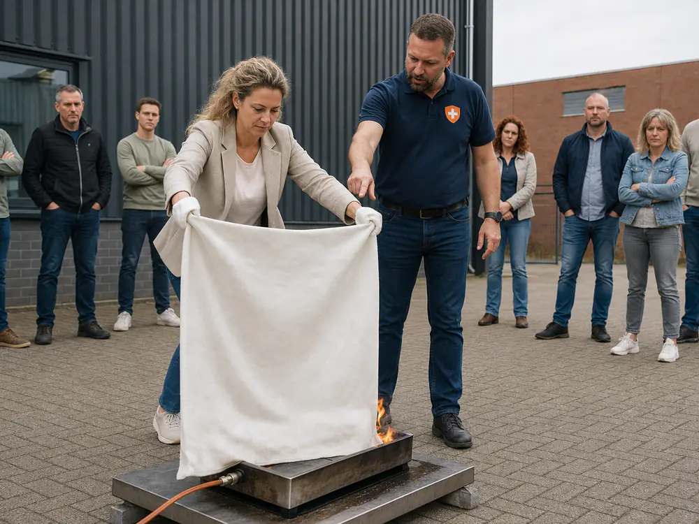 Medewerker dooft een vlam met een blusdeken op een brandblustrainer, de instructeur staat klaar